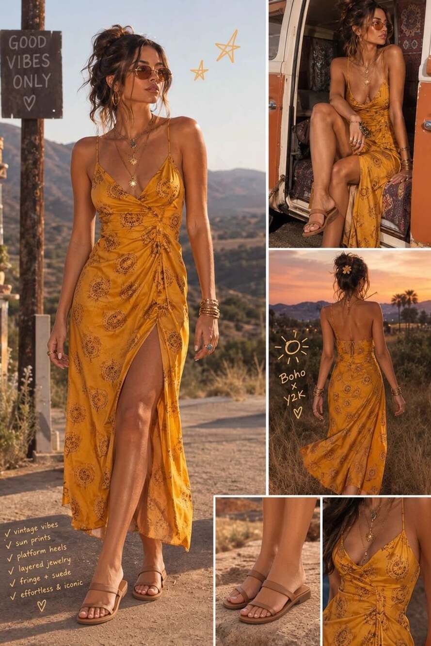 Urban Outfitters Yellow Sun Print Ruched Slit Midi Dress